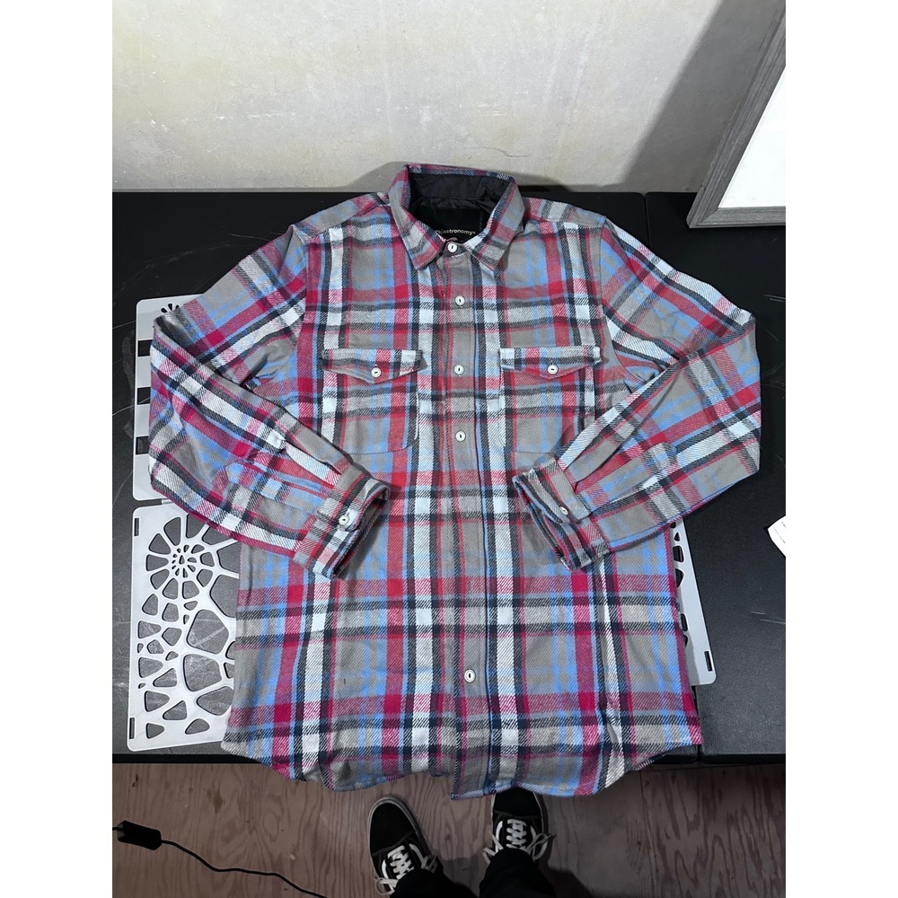 Astronomy Mens XL Plaid Flannel Button Down Shirt Red Blue Grey Long Sleeve